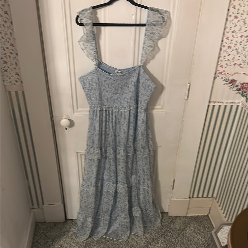 ARULA Blue Smocked Ruffled Maxi Dress